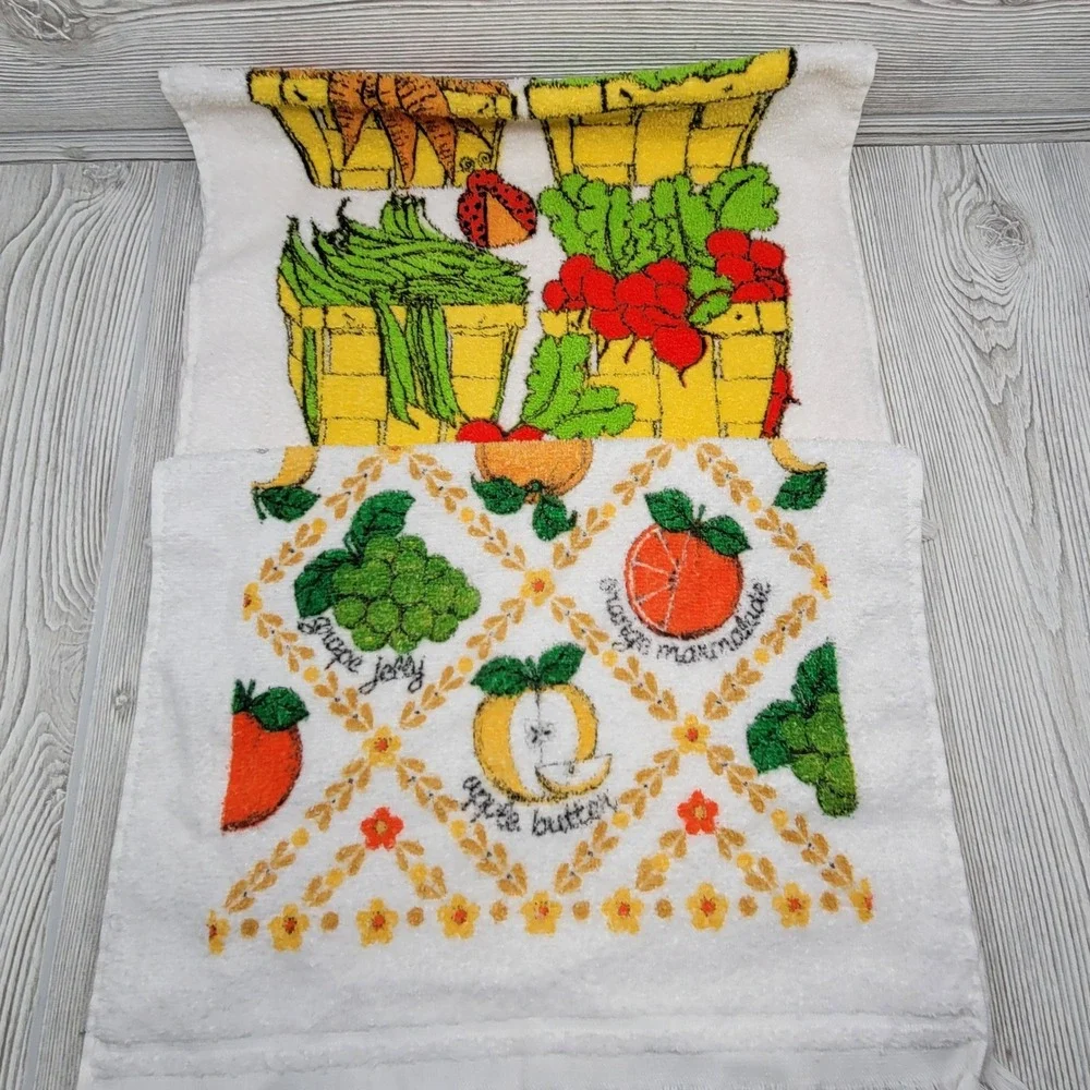 Lot 2 Screen Prints Sayco Kitchen Towel Vegetable Basket Fruit Jelly Jam MCM VTG